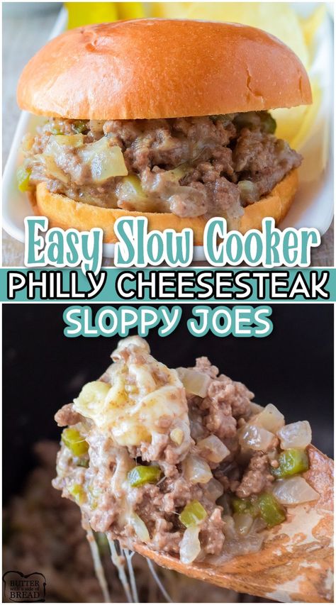 Slow Cooker Philly Cheesesteak Sloppy Joes are an epic mashup of two classic recipes! These philly cheesesteak sloppy joes are simple to make, loaded with gooey cheese, & have amazing flavor! Amazing Crockpot Recipes, Carry In Ideas For Work Food, Pot Luck Dishes Easy Crockpot, Crockpot Sandwich Recipes, Summer Crock Pot Meals, Crockpot Sliders, Crock Pot Sandwich Recipes, Hamburger Crockpot Recipes, Crockpot Supper