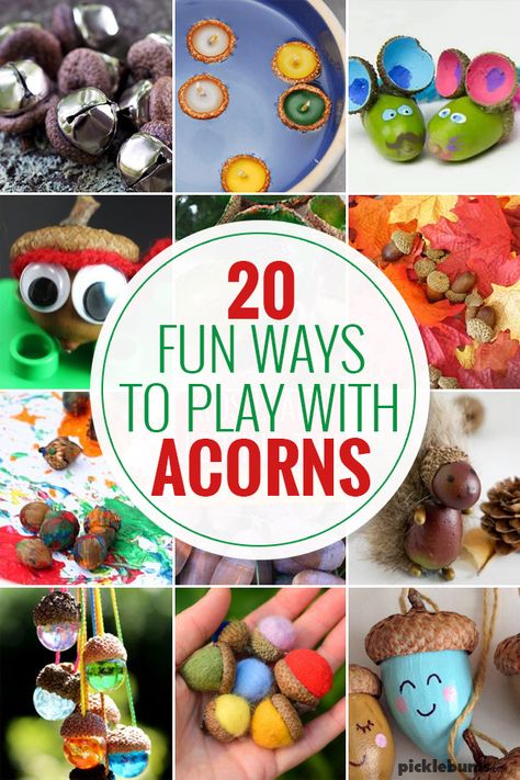 Fun Ways to Play with Acorns - Picklebums Fall Crafts With Acorns, How To Make Acorn Figures, Crafts With Acorn Tops, Acorn Kids Crafts, Christmas Acorn Crafts, Bur Oak Acorn Crafts, Acorn Activities For Kids, Acorn Projects For Kids, Crafts With Acorns For Kids