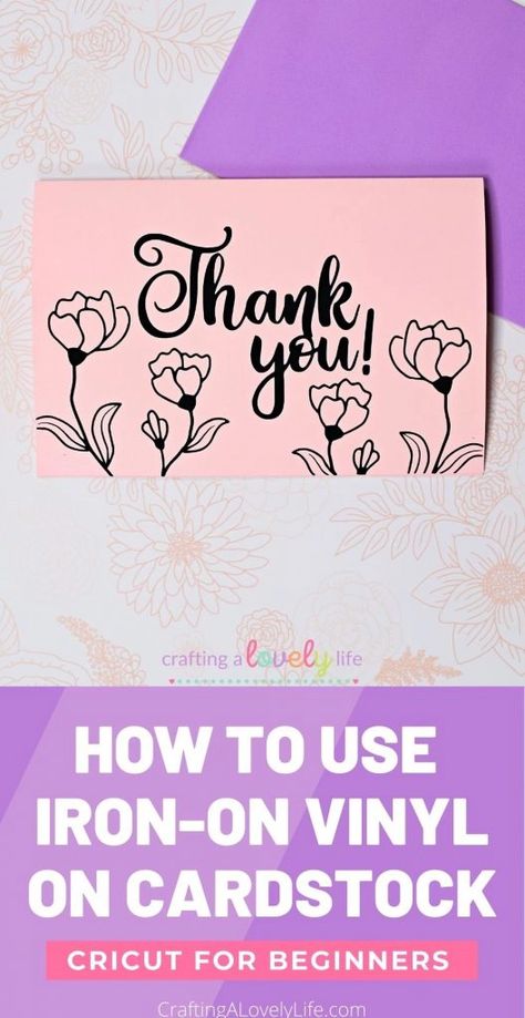 Did you know that you can put heat transfer vinyl (aka…HTV) on cardstock?! In this tutorial, I am going to show you how to make a cute thank you card using your Cricut and Cricut EasyPress Mini to put iron-on vinyl on paper! This Thank You Card is super easy to make and the perfect Cricut project for beginners! Cricut Beginners | Cricut Paper Tutorial | Cricut Card Tutorial | How to Iron on Cardstcok | HTV on Cardstock Htv On Cardstock, Free Svg Thank You Cards For Cricut, Vinyl On Cardstock, Silhouette Cardstock Projects, How To Make A Card With Cricut, Cricut Transfer Paper Hack, Thank You Cards Cricut, Cricut Projects Cardstock Papers, Cricut Projects Beginner Cardstock