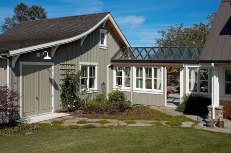 covered connector between house + garage....the garage looks like a cool little barn. love it! Eclectic Exterior, Exterior Gray Paint, Chelsea Gray, Exterior House Colors Combinations, Covered Walkway, Skagit Valley, Mt Vernon, Traditional Exterior, Exterior Paint Colors