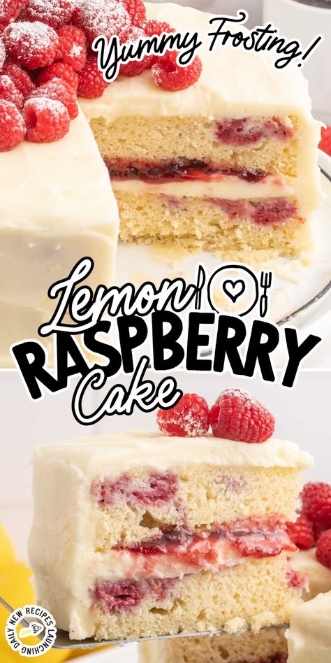 This lemon raspberry cake is a delightful dessert that combines zesty citrus notes from lemons with the sweet and tart flavor of fresh raspberries, all crowned with a luscious cream cheese frosting. Raspberry Desserts Cake, Lemon Raspberry Desserts, Lemon Raspberry Cake, Cake With Raspberries, Raspberry Cake Recipes, Raspberry Lemon Cakes, Raspberry Dessert, Boxed Cake Mixes Recipes, A Slice Of Cake