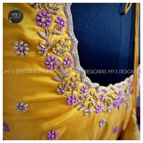 The Elegant edit - Dazzling Yellow 💛 work blouse with intricate 🪅 art work customised cut work neck line ✨ adored with thread, Zari and Zardosi with 👍⭐fine detailing. 👇 MODEL NO : 87 👇 Blouse can be customised✔️ in any colour and model🎀 of your choice as per your saree🥻 requirement. Ex: 👗Fabric, embroidery🪡 placements, neckline and tassels 💥 👇 📌 For more details 🏷️and bookings DM, ☎️ call / WhatsApp +919032871878 📩 📌 Visiting 🏡 only by appointment. 👇 🏅Best in class finishing... ✅💯 Exclusi... Yellow Work Blouse, Yellow Blouse Maggam Work, Yellow Blouse Design, Yellow Blouse Designs, Latest Maggam Work Blouses, Brocade Blouse Designs, Long Blouse Designs, Latest Bridal Blouse Designs, Cutwork Blouse