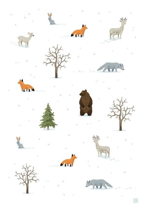 Winter Pattern Illustration, Winter Animals Illustration, Winter Illustration Art, Winter Forest Illustration, Winter Forest Animals, Christmas Phone Wallpapers, Forest Animals Illustration, Winter Prints, Animals Pattern