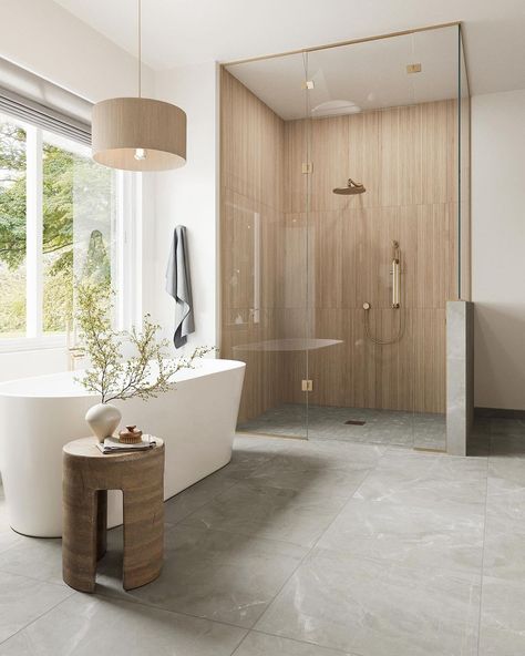 Edward Martin | Talk about a master bath! This one took neutrals to another level. The wood-look tile shower, marble-look floor, and elongated subway tile... | Instagram Large Tile Bathroom Shower Ideas, Shower Ideas Bathroom, Bathroom Vibes, Matte Ceramic, Master Bath Remodel, Bathroom Inspiration Decor, Bathroom Spa, Bathroom Designs, Bathroom Renos