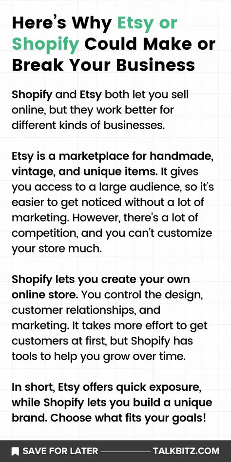 In this blog post, you’ll see why choosing the right platform for your online store is so important. Don’t worry, we’ll also show you other Etsy options that could work better. Read the full blog post now! Business Goals, Grow Business, Sell Handmade, The Choice, Marketing Tools, Selling Online, Educational Resources, From Scratch, Online Business