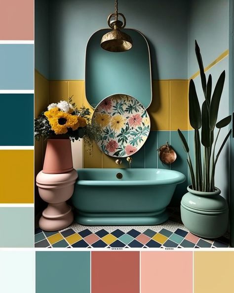 Colour combination for bohemian bathroom design, bathroom design ideas, colourful bathroom design, bold bathroom decor, bohemian bathroom decor, colour scheme ideas, complimentary colour switches, design swatches ©Paje Pokjowy Bright Color Bathroom, Bohemian Bathroom Design, Small Colorful Bathroom, Colorful Small Bathroom, Switches Design, Bright Colored Bathrooms, Bathroom Decor Bohemian, Colourful Bathroom Ideas, Colour Scheme Ideas