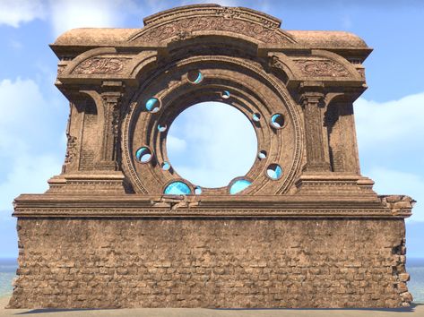 ESO Fashion | Moon Gate (Elder Scrolls Online) Fantasy Gate, Ancient Buildings Architecture, Moon Gate, Abstract Pencil Drawings, Brutalism Architecture, Gothic Buildings, Floor Murals, Outdoor Aesthetic, Medieval Houses