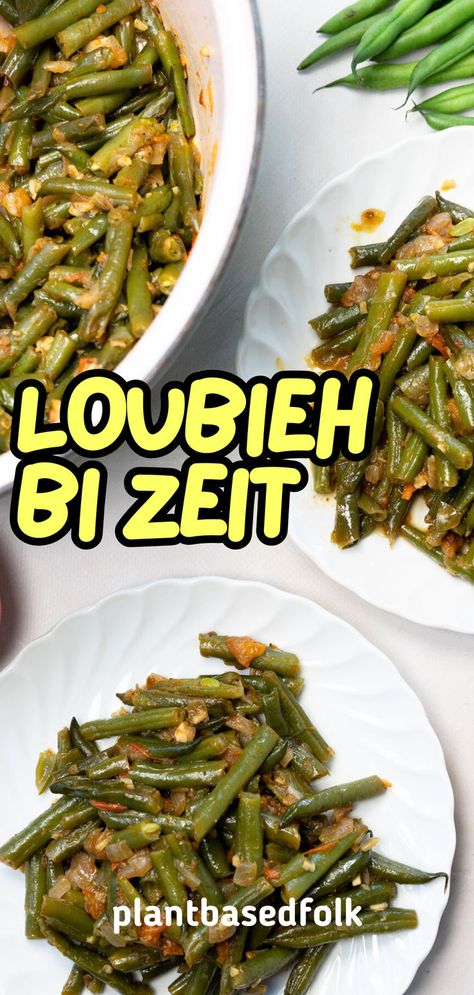 loubieh bi zeit in a white plate Loubieh Recipe, Lebanese Green Beans, Vegan Lebanese, Braised Greens, 7 Spice, Sauteed Green Beans, Family Recipe Book, Ethnic Food, Fresh Green Beans