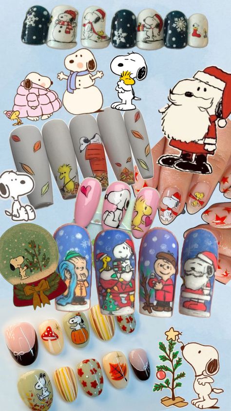 Nail art inspiration, Snoopy Dog and Woodstock Snoopy Nails Christmas, Woodstock Nails, Snoopy Fall Nails, Charlie Brown Christmas Nails, Snoopy Christmas Nails, Snoopy Nail Art, Snoopy Nails, Christmas Snoopy, Snoopy Dog