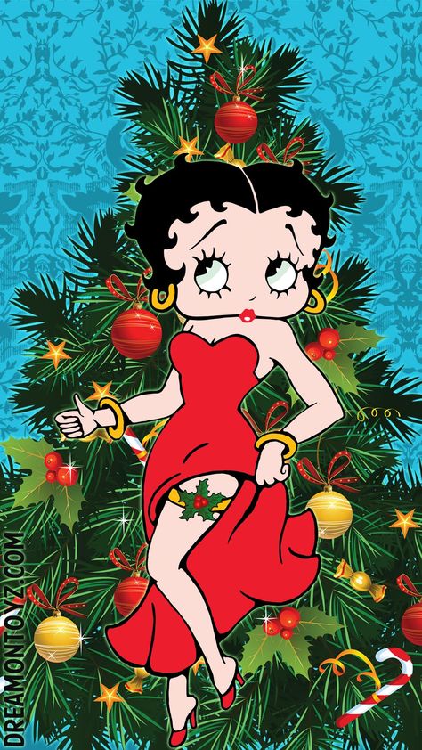 Free Cartoon Character Betty Boop Cell - Mobile Phone Backgrounds and Wallpapers - iPhone Dimensions / Size: 750 x 1334 - 1080 x 1920 BB wearing ling red gown with holly garter on her leg, giving the thumbs up in front of a Christmas tree #Dreamontoyz Betty Cartoon, Betty Boop Christmas, Free Cartoon Characters, Tree Wallpaper Iphone, Iphone Cartoon, Betty Boop Classic, Betty Boop Quotes, Desktop Images, Betty Boop Art