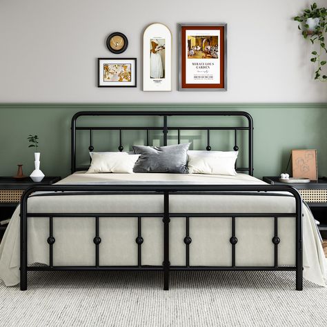 PRICES MAY VARY. 【Victorian & Classic Style】: The black metal bed frame king features a classic victorian style, complete with a vintage design headboard. The king bed frame is suitable for any decor. 【Sturdy & Noise Free】: The king metal bed frame is made of iron metal for load bearing capacity of 1000 lbs. The 12 metal slats is linked together in the most stable structure to reduce noise. Additional pads of each foot will reduce damage to the floor. 【Round Design】: To reduce your concerns abou King Size Metal Bed Frame, Backboards For Beds, Black Iron Beds, Queen Size Metal Bed Frame, Wrought Iron Bed Frames, Vintage Headboard, California King Bed Frame, Simple Bed Frame, Wrought Iron Bed