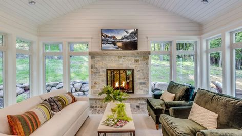 Porch Interior, All Season Room, Screened Porch Designs, 4 Season Room, Four Seasons Room, Sunroom Addition, Porch Fireplace, Porch Windows, Three Season Room