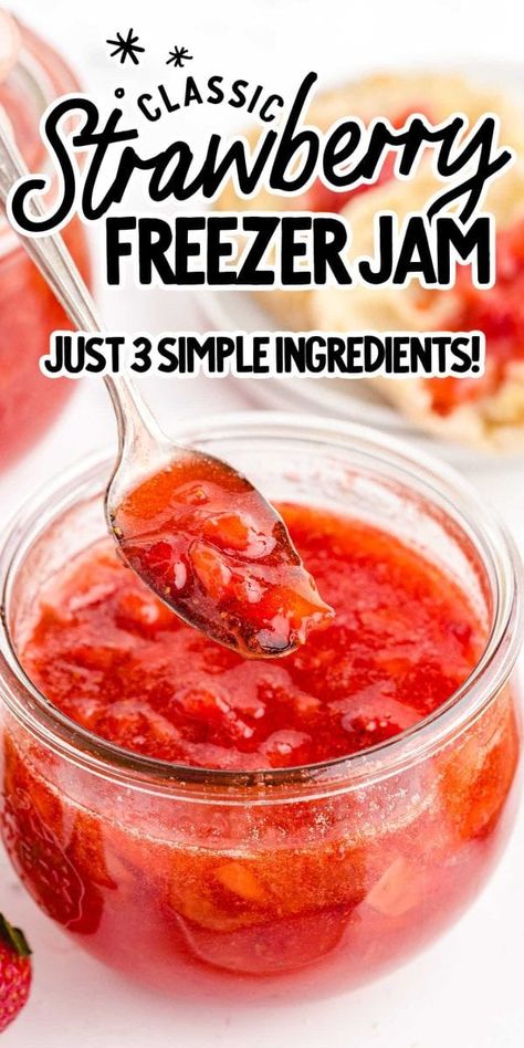 Strawberry Jelly Recipe Freezer Jam, Easy Strawberry Freezer Jam Recipe, Strawberry Freezer Jam Recipe With Certo, Freezer Jelly Strawberry, Freezer Jam Strawberry Low Sugar, Easy Strawberry Preserves, Homemade Freezer Jam, Easy Freezer Jam Strawberries, How To Make Freezer Jam