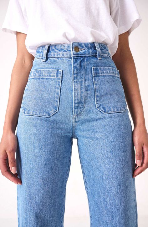 Fall for the silhouette of these high-waist jeans made from stretch-kissed denim in a light-blue wash with retro patch pockets and wide ankle-grazing hems. 28" inseam; 23" leg opening; 12 1/2" front rise; 14 1/2" back rise (size 29) Zip fly with button closure Five-pocket style 99% cotton, 1% elastane Machine wash, line dry Imported Lily Blue, Sailor Jean, Sailor Fashion, Trend Fashion, Denim Design, Looks Style, Mode Inspiration, Outfits Casuales, Jean Outfits