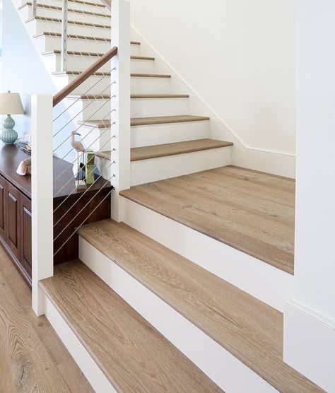 Wood Floor Stairs, Rustic Hardwood Floors, Prefinished Hardwood Floors, Prefinished Hardwood, Hardwood Stairs, Flooring For Stairs, Brick Veneer, Flooring Trends, Wide Plank Flooring