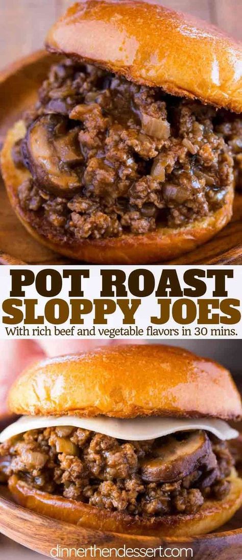 Pot Roast Sloppy Joes made with all the delicious flavors of a slow roasted pot roast with the ease of a sloppy joe recipe on a buttered brioche bun. | #potroast #beef #sloppyjoes #groundbeef #sandwich #dinnerthendessert #dinner Sloppy Joes Dinner, Sloppy Joe Recipe, Dinner Then Dessert, Brioche Bun, Joe Recipe, Pizza Sandwich, Meat Sandwich, Sloppy Joes Recipe, Sloppy Joe