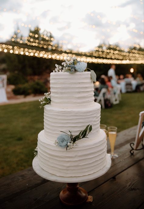 Dusty Blue Wedding Cake Table, White Wedding Cake With Blue Accent, Dusty Blue Simple Wedding Cake, Wedding Cake For Blue Theme, Dusty Blue Boho Wedding Cake, Simple Wedding Cake With Blue Flowers, Wedding Cake Dusty Blue And Sage Green, Wedding Cake Dusty Blue Flowers, Simple Wedding Cake Blue Flowers