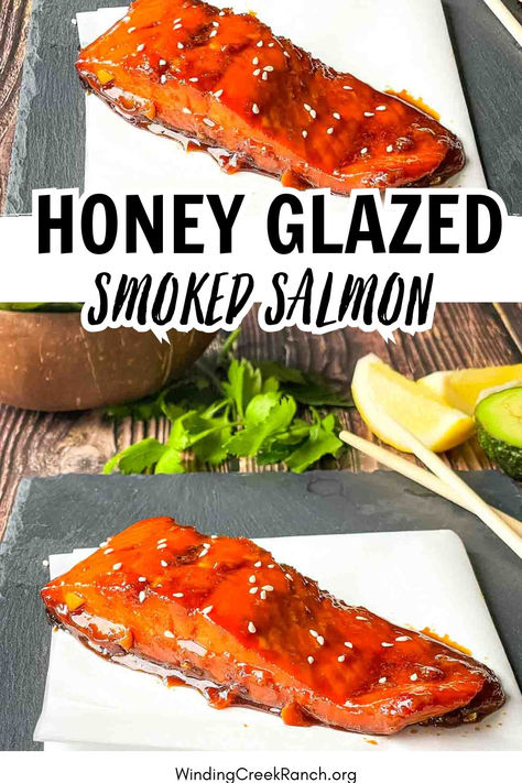 Easy-to-master honey glazed smoked salmon recipe topped with homemade honey glaze and garnished with sesame seeds on a serving platter. Honey Smoked Salmon, Smoked Salmon Recipe, Pellet Smoker Recipes, Honey Glazed Salmon, Salmon Glaze Recipes, Honey Salmon, Smoked Salmon Recipes, Traeger Recipes, Smoked Meat Recipes