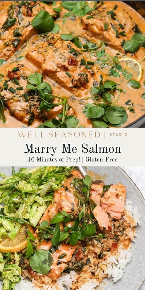 Creamy Tuscan Salmon with rice. Coconut Milk Salmon, Marry Me Salmon, Creamy Tuscan Salmon, Nuts Dessert, Tuscan Salmon, Marry Me Chicken Recipe, Salmon Filets, Parmesan Salad, Seafood Dinners