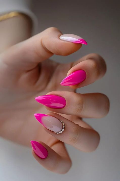 Pretty in Pink: 40+ Gorgeous Pink Nail Designs To Copy This Year - Flo's Blog Hot Pink And Silver Nails, Pink Summer Nail Ideas, Bright Pink Nail Designs, Stiletto Shaped Nails, Barbie Pink Nails, Bright Pink Nails, Pink Summer Nails, Barbie Nails, Cute Pink Nails