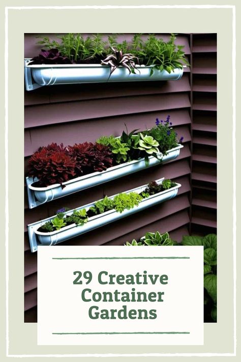 Repurpose rain gutters as wall-mounted planters. Install them horizontally along a fence or vertically against a wall, allowing for a neat and organized container garden. Wall Planters Outdoor, Gutter Garden, Bamboo Planter, Wall Mounted Planters, Wine Crate, Planter Table, Rain Gutters, Container Gardens, Wall Garden