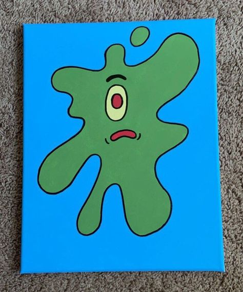 Splattered Plankton Painting, Simple Painting Ideas Cartoon, Plankton Canvas Painting, Easy Paint For Beginners, Cartoon Wall Art Painting, Quick Painting Ideas Acrylics, Easy Paint Drawings, Paint Ideas For Canvas, Squished Plankton From Spongebob