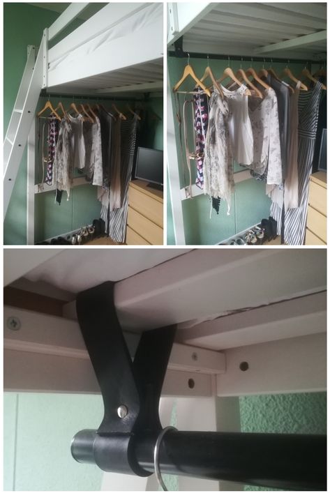 DIY for small (student)rooms, loft bed clothing rack out of used pieces of a belt Loft Bed Small Apartment, Hanging Clothes Under Loft Bed, Tiny Home Hanging Clothes, Adult Loft Bed For Small Rooms Storage, Loft Bed Repurposed, Room Divider Loft Bed, Loft Bed Ideas For Shared Rooms, Loft Bed With Clothing Storage, Clothing Rack Under Loft Bed