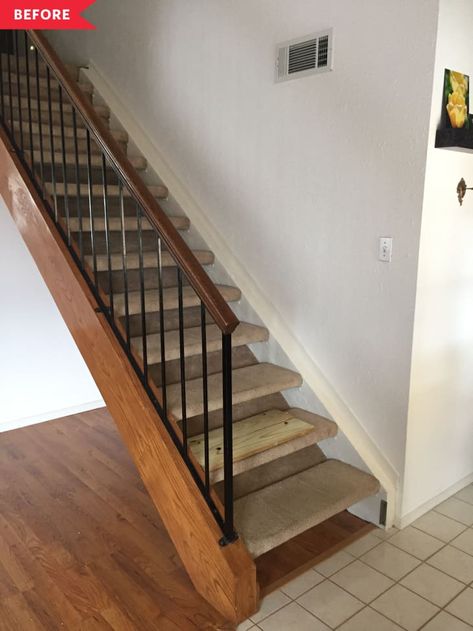 Carpeted Open Stairs, Floating Stairs Carpet, Carpet Floating Stairs, Open Stairs To Closed Stairs, Open Stairs With Carpet, Floating Stairs With Carpet, How To Close Open Stairs, Closing Open Stairs, How To Close Off Open Stairs