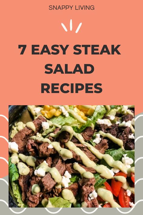 Colorful steak salad topped with corn, tomatoes, greens, and drizzled with creamy dressing, part of seven easy recipes. Steak Salad Recipes, Easy Steak Salad, Steak And Salad, Grilled Romaine Lettuce, Steak Salad Recipe, Grilled Steak Salad, Blue Cheese Recipes, Avocado Salad Dressing, Grilled Romaine