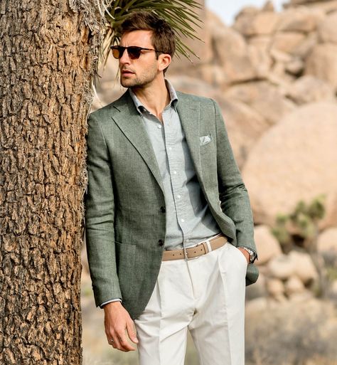 Thomas Mason Washed Sage Cotton and Linen Melange Oxford Men's Custom Green Blazer Outfit Men, Summer Groom, Linen Blazer Men, Casual Wedding Suit, Cuba Wedding, Green Blazer Outfit, Sport Coat Outfit, Green Sport Coat, Green Shirt Men