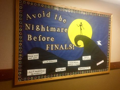 Avoid the Nightmare before FINALS! Disney’s The Nightmare Before Christmas themed RA bulletin board. Study tips at the bottoms! #RA #CA #reslife Finals Bulletin Board, Fall Church Bulletin Boards, Res Life Bulletin Boards, October Bulletin Boards, November Bulletin Boards, College Bulletin Boards, Ra Themes, Bulletin Boards Theme, Christmas Bulletin Boards