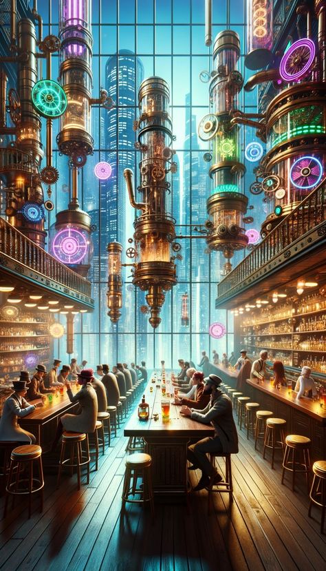 Steampunk Futuristic City, Steampunk Tavern, Cyberpunk Moodboard, Fantasy Bar, Cyberpunk Bar, Steampunk Cafe, Futuristic Library, Whimsical Homes, Steampunk Library