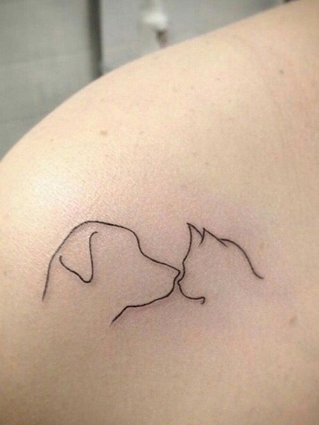 Adorable and simple cat and dog tattoo. Great for the animal lover, yet isn't tacky !! Animal Lover Tattoo, Cat Lover Tattoo, Cat Outline Tattoo, Cat And Dog Tattoo, Tattoos For Dog Lovers, Dog Paw Tattoo, Vegan Tattoo, Bunny Tattoos, Paw Tattoo