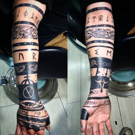 Norse Blackwork Tattoo, Norse Tattoo Sleeve For Men, Viking Stomach Tattoos, Baldr Tattoos, Viking Hand Tattoos For Guys, Baldur Art, Norse Tattoo Men, Art Viking Tattoo, Norse Runes Tattoo