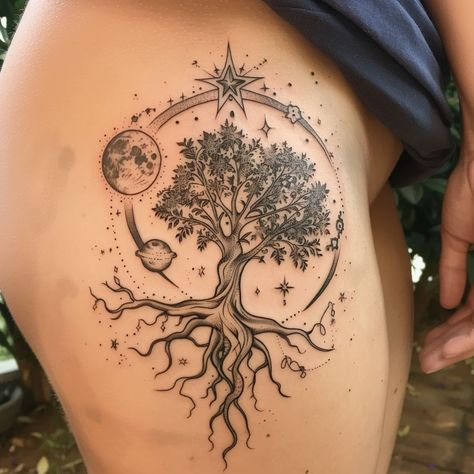 Spirituality Tattoos For Women, Witchy Hip Tattoo, Warrior Princess Tattoo For Women, Taoism Tattoos, Divine Feminine Tattoo On Hip, Mandala Compass Tattoo Feminine, Creative Tattoo Ideas For Women, Roots Tattoo Ideas, Tree Of Life Hip Tattoo