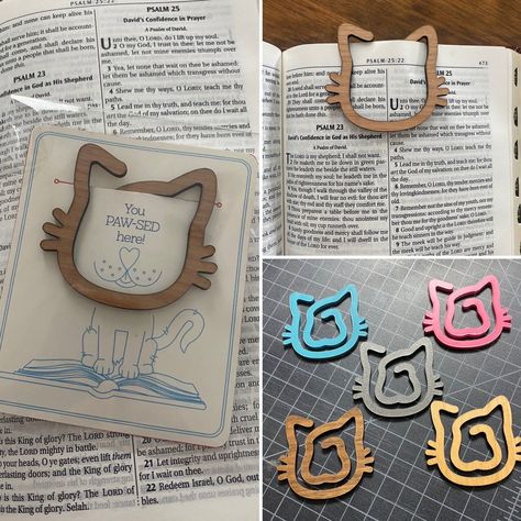 This bookmark stands out with a cut out of a cat's features. You'll never lose your place when you add this functional accessory to your book collection. Featuring laser cut acrylic plastic or wood. It's a unique way to showcase your love of a cat. Measures almost 2.50" x 2.25". Comes with a printed card on stock paper that says you PAW-SED here or a blank one. Choose from several colors. If you would like a bulk amount for a discount please send us a message and we would be happy to help you. Cute Laser Cut Ideas, Wood Laser Ideas Products, Laser Engraving Gifts, Unique Laser Cut Ideas, Small Laser Cut Projects, Laser Cut Bookmark, Acrylic Ideas Laser Cut, Laser Acrylic Projects, Laser Cut Acrylic Ideas