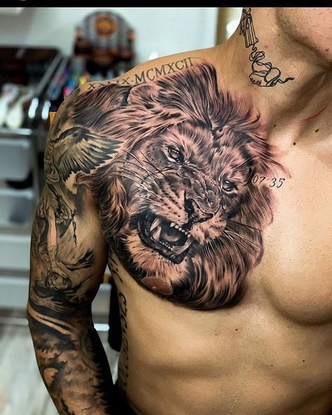 Chest Tattoo With Meaning, Chest Tattoo Wolf, Lion Chest Tattoo, Lion Shoulder Tattoo, Chest Tattoo Drawings, Colored Tattoo, Mum Tattoo, Jaguar Tattoo, Small Chest Tattoos