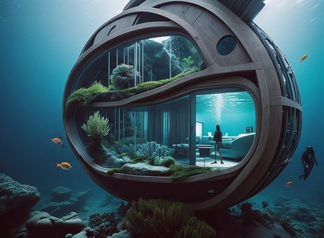 House Under Water, Underwater Building, Underwater Architecture, Futuristic House Design, Underwater Room, Underwater Hotel, Futuristic House, Underwater House, Geodesic Dome Homes