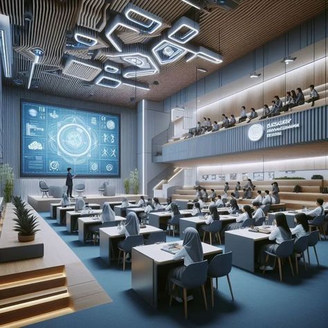 Luxury School Classroom, Dorm Building Aesthetic, Futuristic High School, Luxury Classroom, Futuristic Classroom, Futuristic School, Luxury School, School Laboratory, Hospital Design Architecture