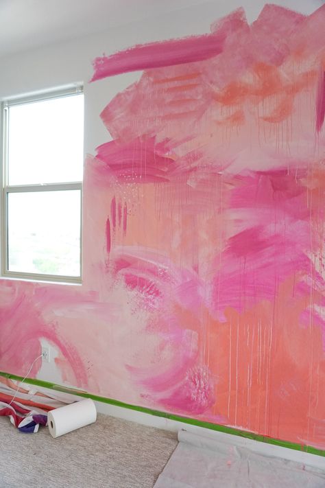 How To Make Wall Paint Look Like Watercolor, Diy Abstract Wall Mural Ideas, How To Paint An Abstract Wall Mural, Spray Paint Interior Walls, Pink Wall Murals, Neon Wall Mural, Abstract Mural Painting, Mural Office Wall, Playroom Wall Painting