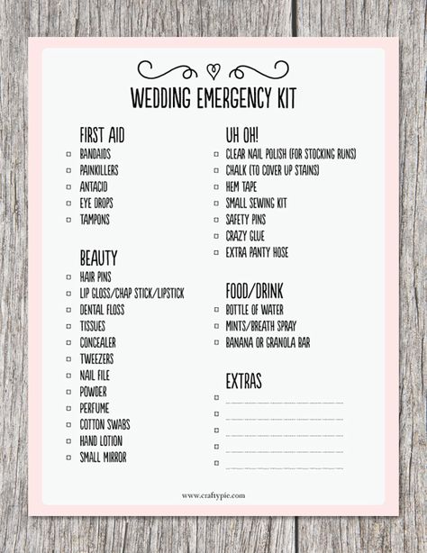 free printable wedding emergency kit list Wedding Emergency Kit List, Emergency Kit List, Bride Checklist, Bridal Emergency Kits, Personal Attendant, Wedding Planning Printables, Wedding Emergency Kit, Wedding Binder, Bridesmaid Duties