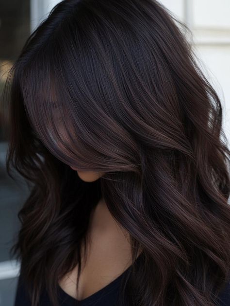 Dark Brown Balayage Hair Ideas for a Rich, Dimensional Look Black Hair Balayage Money Piece, Brown Hair Grown Out Roots, Light Ash Balayage On Dark Hair, Long Dark Hair Balayage, Seamless Brunette Balayage, Cool Brown Balayage On Black Hair, Brunette Hair Dimension, Dark Brown Hair With Color, Dark Balayage Hair Black