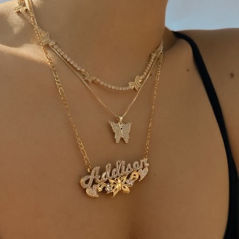 Name Plate Necklace Gold, Chunky Gold Jewelry, M Jewelers, Wedding Anklets, Initial Earrings, Stacked Necklaces, Nameplate Necklace, Butterfly Flower, Jewelry Lookbook