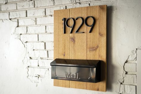 Mounted Mailbox Ideas Front Doors, Diy House Number Sign Planter, House Numbers Mailbox Ideas, Front Door Mailbox And Numbers, House Mailbox Wall Mount, Mailbox Attached To House Ideas, Front Of House Mailbox Ideas, Small Mailbox Ideas, On House Mailbox Ideas