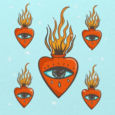 Printable Hearts, Fire Illustration, Heart With Eyes, Cupid Tattoo, Digital Illustration Tutorial, Fire Eyes, Fire Drawing, Skull Crafts, Eye Illustration