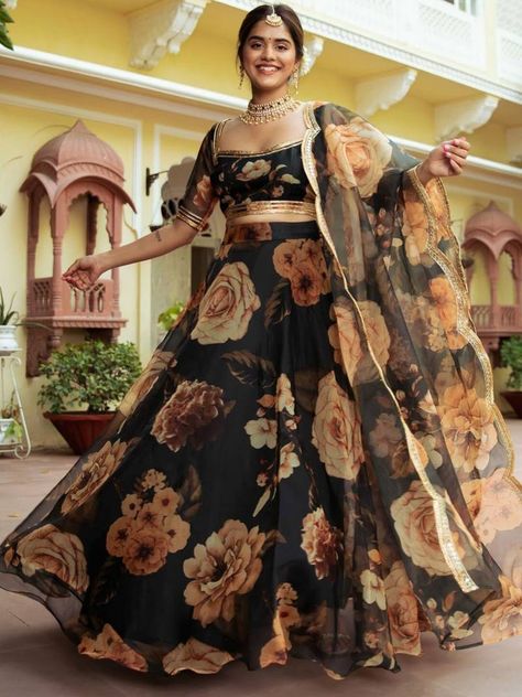 Black Lehenga Black Floral Lehenga, Lehenga Traditional, Black Lehenga Choli, Lehenga Choli For Women, Choli For Women, Black Lehenga, Indian Lehenga Choli, Floral Lehenga, Organza Lehenga