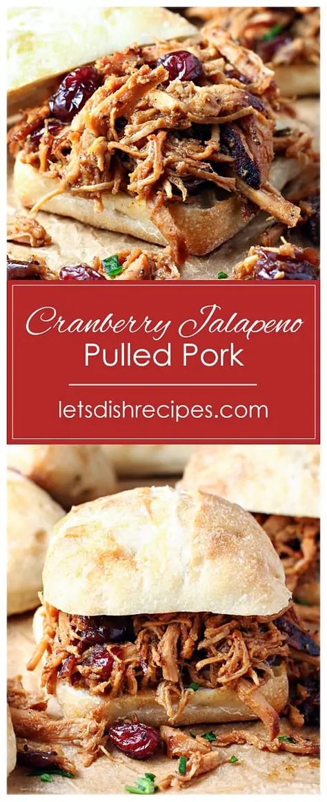 Slow Cooker Cranberry Jalapeno Pulled Pork Recipe -- Pork roast is slow cooked with garlic, jalapenos and cranberry sauce, then shredded and served on hamburger buns in this tangy, flavorful twist on traditional pulled pork. #pork Cranberry Jalapeño, Easy Comfort Food Dinners, Slow Cooker Pork Roast, Pot Roast Crock Pot Recipes, Slow Cooked Pulled Pork, Slow Cooker Recipes Pork, Pulled Pork Leftovers, Pulled Pork Tacos, Pulled Pork Recipe