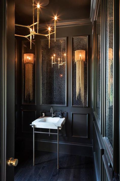 Black Powder Room with Wainscoting ... Black Powder Room, Modern Brass Chandelier, Dark Green Bathrooms, Best Kitchen Design, Dark Bathrooms, Minnesota Home, House Of Turquoise, Powder Room Design, Arteriors Home