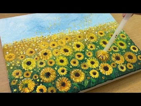 Painting Sunflower Field / Acrylic Painting / Comb and Stamp Painting Technique - YouTube Abstract Sunflowers Painting, Sunflower Field Acrylic Painting, Sunflower Field Painting Easy, Paint Sunflowers Easy, Sunflower Painting Acrylic Easy, Sun Flowers Aesthetic, Sunflower Painting Easy, Painting Sunflower Field, Field Of Flowers Painting