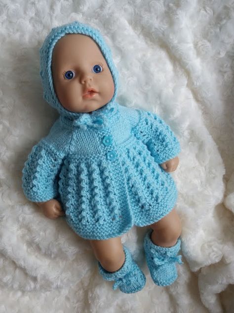 Linmary Knits: Alice Matinee jacket, dress, bonnet and booties Linmary Knits, Knit Baby Doll, Baby Born Clothes, Knitted Dolls Free, Crochet Doll Clothes Free Pattern, Crochet Jacket Pattern, Baby Cardigan Knitting Pattern Free, Knitted Doll Patterns, Baby Doll Clothes Patterns